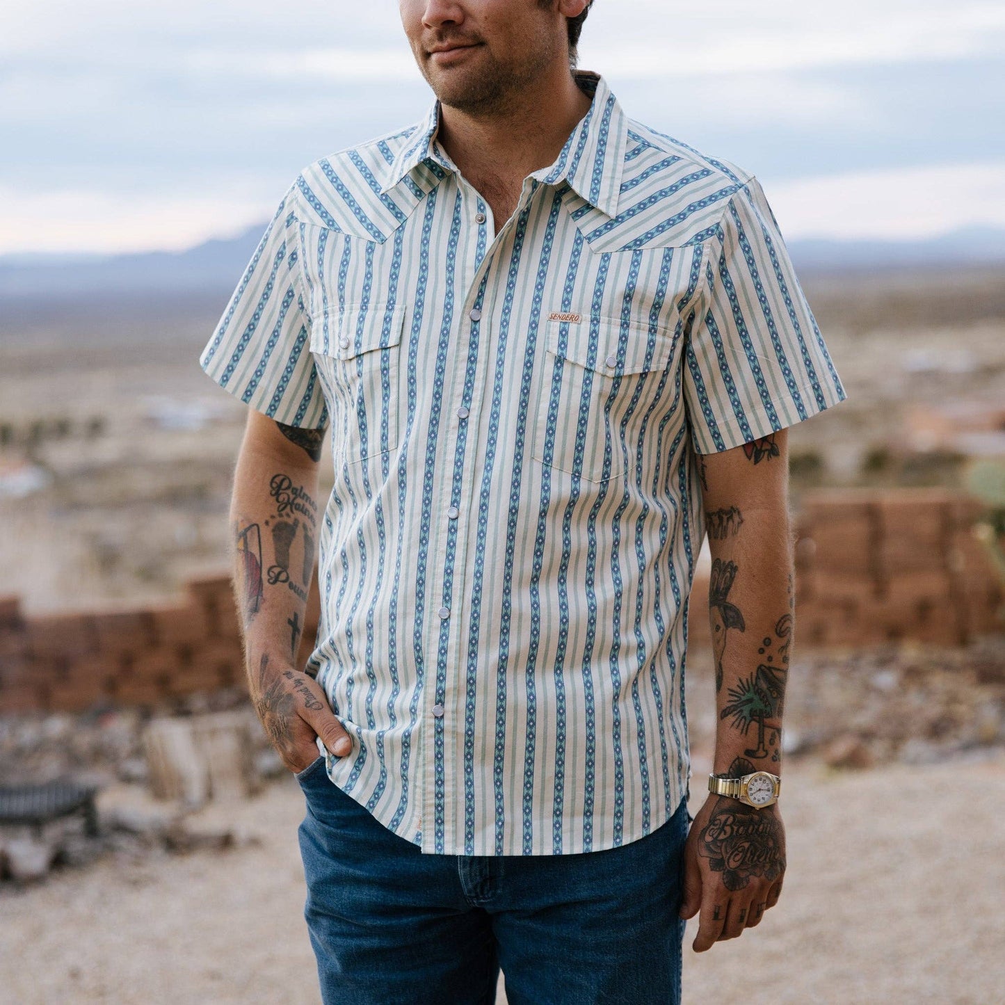 Serape Pearl Snap Short Sleeve: Teal