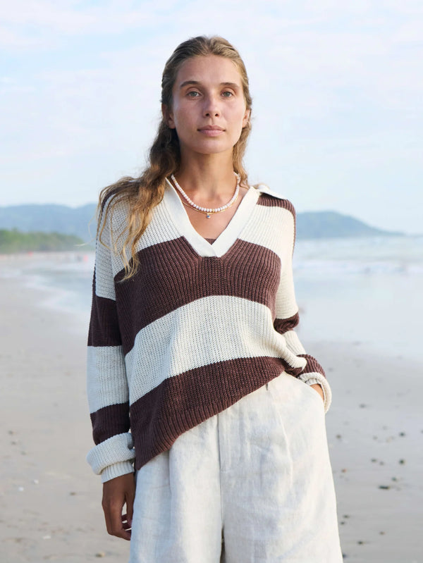 Miramar Linen Polo - Cocoa Rugby Stripe