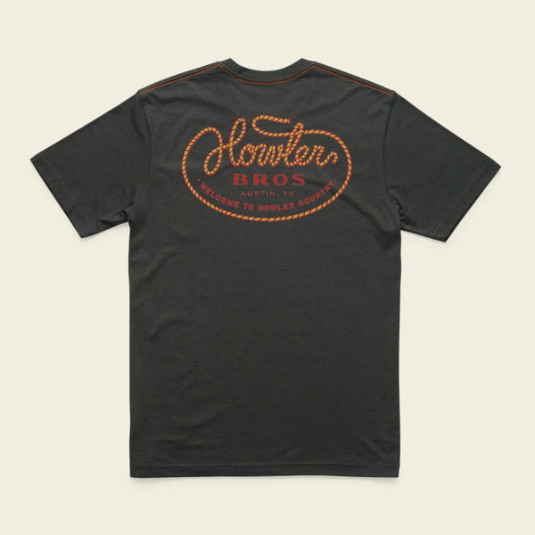 Black t-shirt with yellow and red rope text on the back against white background austin tx
