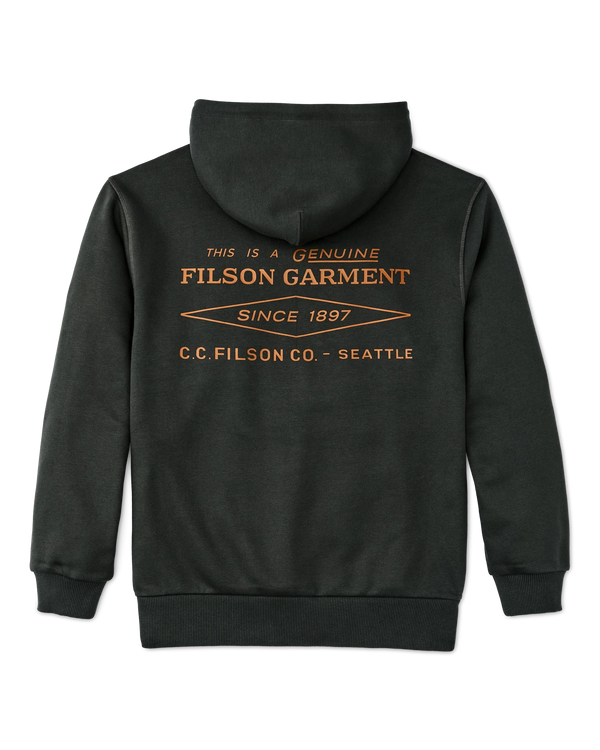 Black hoodie with Filson garment branding on the back against a white background