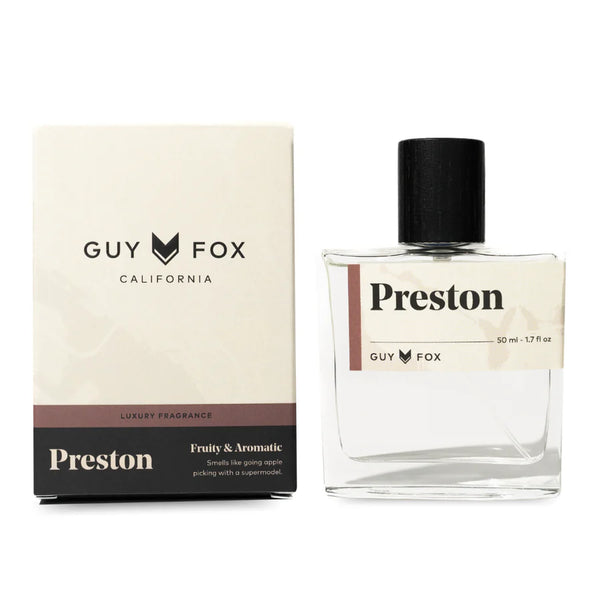 Guy Fox Preston perfume bottle and packaging on a white background