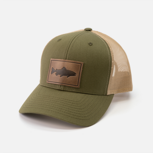 Trout Hat | Leather Patch Trucker Hat: Moss/Khaki