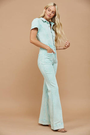 Western Acid Washed Bootcut Denim Jumpsuit : Aqua