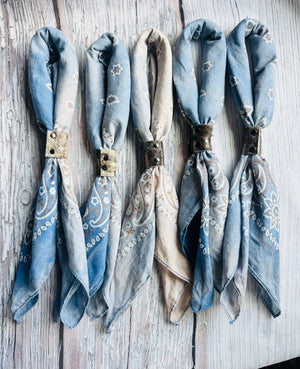 Hand Dyed Bandanas With Leather Slides : Denim Hues