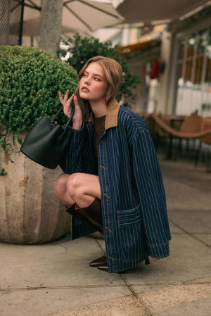 Striped Indigo Barn Jacket w/ Corduroy Collar - Indigo Denim