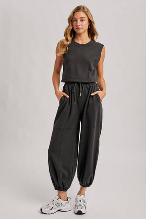 Drawstring Waist Knit Activewear Jumpsuit - Ash