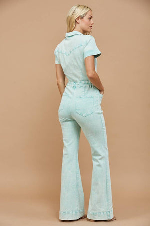 Western Acid Washed Bootcut Denim Jumpsuit : Aqua