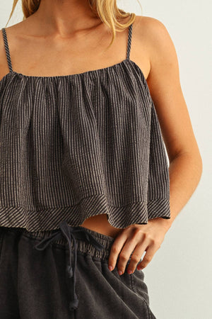 Striped Babydoll Crop Cami - Black