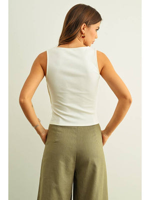 Ribbed Buttoned-Up Side Detail Tank - Cream