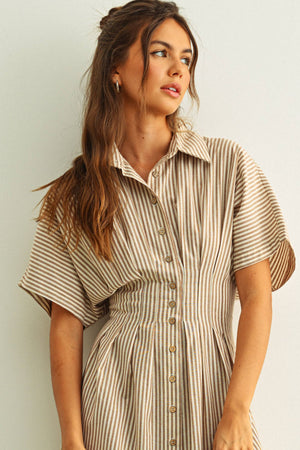 Striped Buttondown Shirt Dress - Sand
