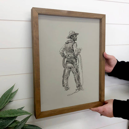 Wood Framed Cowboy Canvas Sketch Art