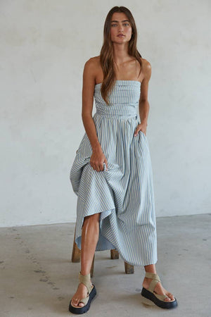 Striped Tube Neck Strapless Flare Maxi Dress -Dusty Blue