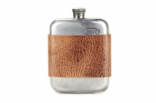No. 618 - Vintage Pewter Hip Flask w/ Leather Wrap