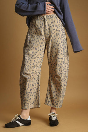 Leopard Print Barrel-Leg Pants