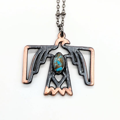 Gunmetal Thunderbird with Turquoise Pendant Necklace