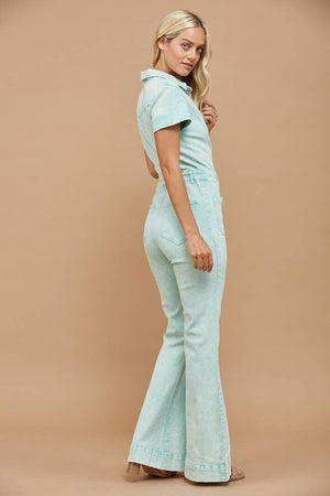 Western Acid Washed Bootcut Denim Jumpsuit : Aqua