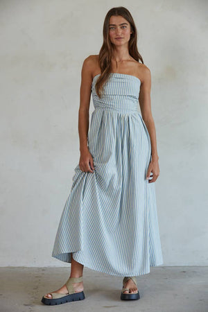 Striped Tube Neck Strapless Flare Maxi Dress -Dusty Blue