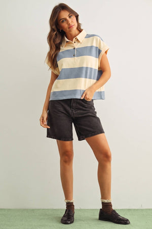 Wide Stripe Rugby Polo - Beige/Blue