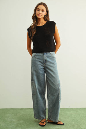 Round Neck Crochet Crop Top - Black