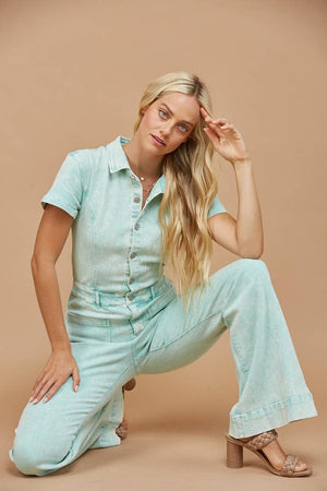 Western Acid Washed Bootcut Denim Jumpsuit : Aqua