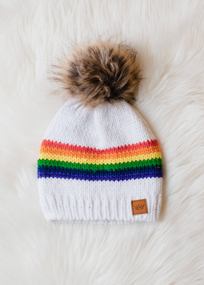 White & Rainbow Striped Pom Hat