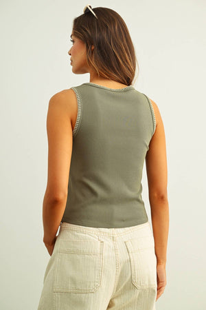 Mini Ribbed Knit Tank Top with Stitch Detail: Olive