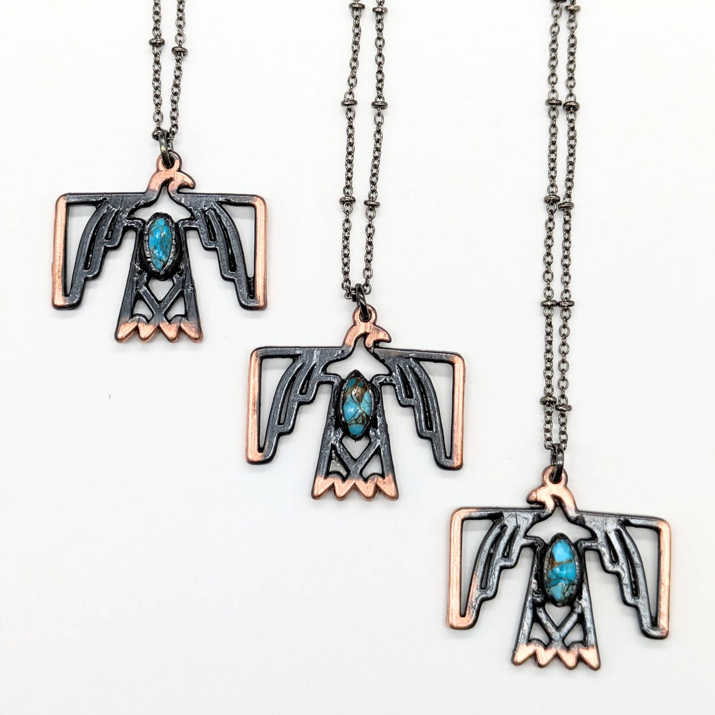 Gunmetal Thunderbird with Turquoise Pendant Necklace