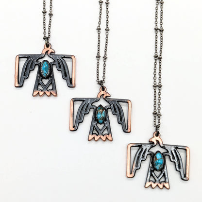 Gunmetal Thunderbird with Turquoise Pendant Necklace