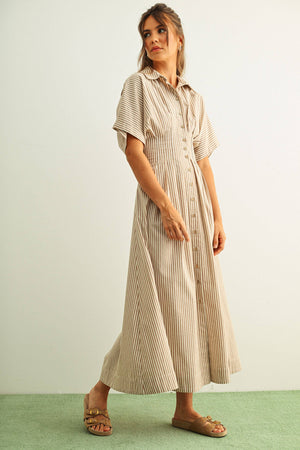 Striped Buttondown Shirt Dress - Sand