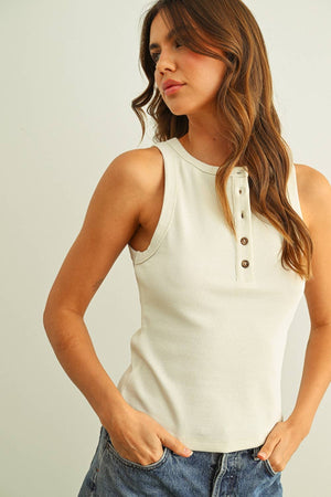 Round Neck Button Detail Tank - Ecru