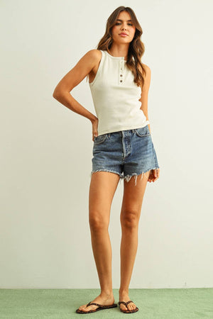 Round Neck Button Detail Tank - Ecru