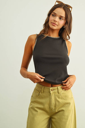 Mini Ribbed Knit Tank Top with Stitch Detail - Charcoal