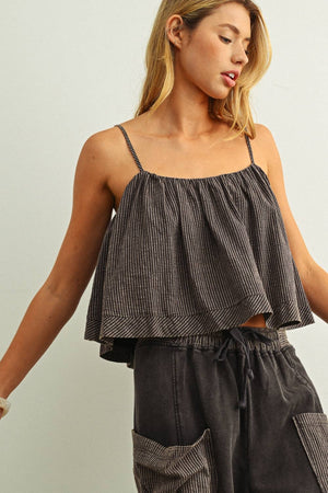 Striped Babydoll Crop Cami - Black