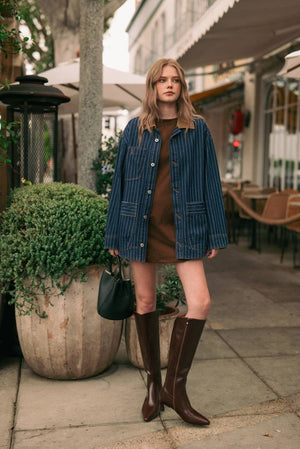 Striped Indigo Barn Jacket w/ Corduroy Collar - Indigo Denim