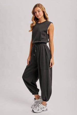Drawstring Waist Knit Activewear Jumpsuit - Ash