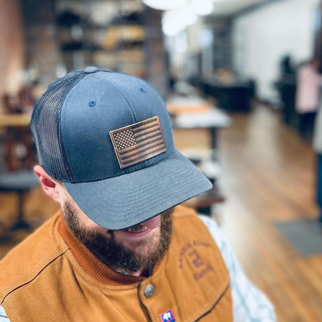 American Flag Hat | Leather Patch Snapback: Charcoal