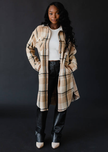 Whistler Plaid Long Flannel - Tan, Black & Beige