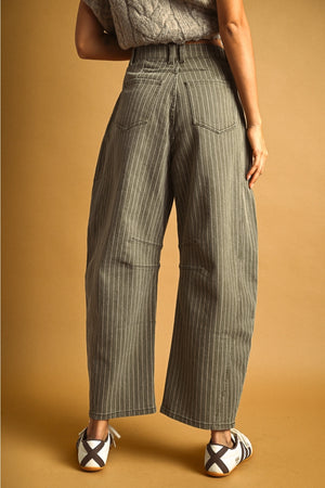 PINSTRIPED PATTERN BARREL PANTS- Olive