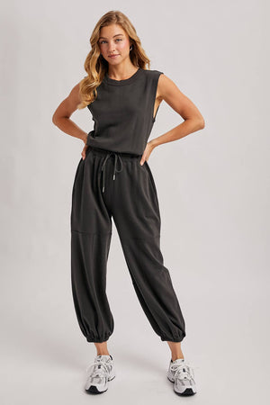 Drawstring Waist Knit Activewear Jumpsuit - Ash