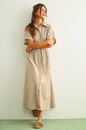 Striped Buttondown Shirt Dress - Sand