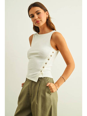 Ribbed Buttoned-Up Side Detail Tank - Cream