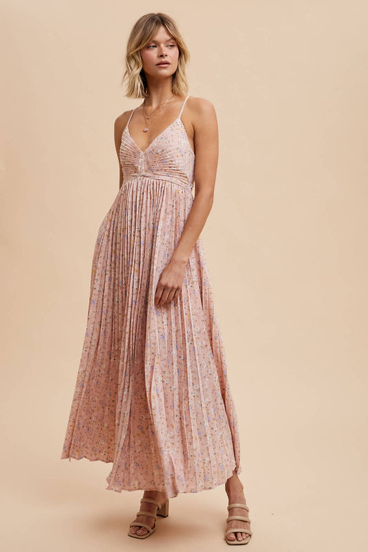 Pleated Floral Maxi Dress - Baby Pink