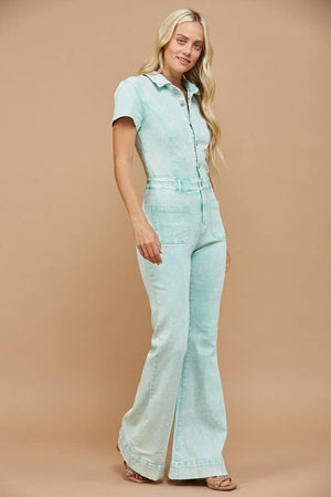 Western Acid Washed Bootcut Denim Jumpsuit : Aqua