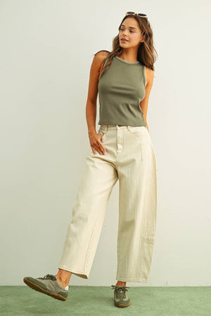 Mini Ribbed Knit Tank Top with Stitch Detail: Olive