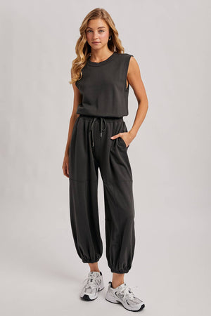 Drawstring Waist Knit Activewear Jumpsuit - Ash