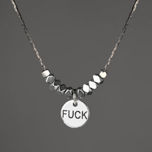Tiny Stamped Fuck w/ Hematite Beads Short Necklace -Gunmetal