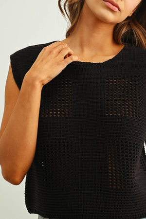 Round Neck Crochet Crop Top - Black