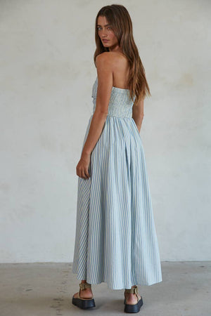 Striped Tube Neck Strapless Flare Maxi Dress -Dusty Blue