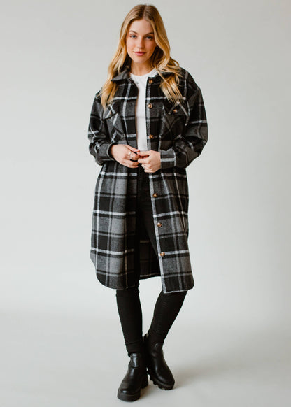 Kinsley Plaid Long Flannel - Grey, Black & White