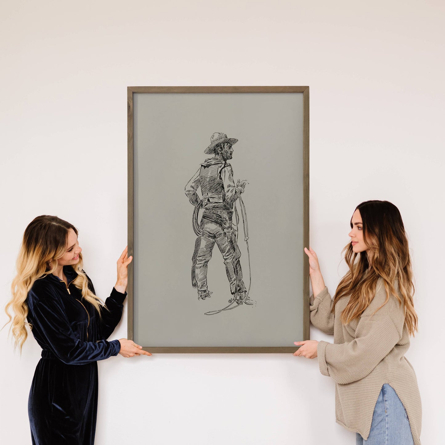 Wood Framed Cowboy Canvas Sketch Art